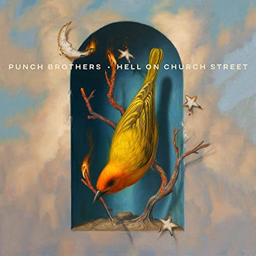 Album cover: yellow bird in an arched, fiery, cloudy scene.