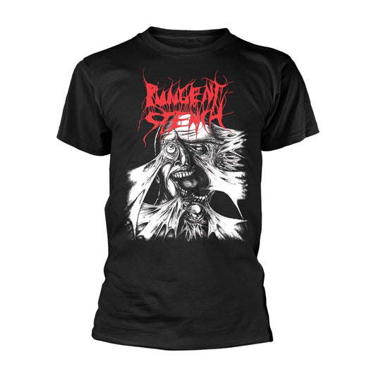 Black t-shirt with a distorted, screaming face graphic in white and red.