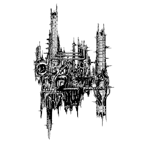 Black and white illustration of a grotesque, towering, organic structure.