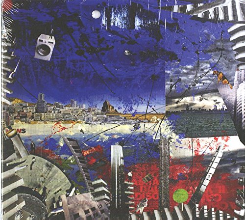 Collage of cityscapes, skies, and abstract elements in blue and white.