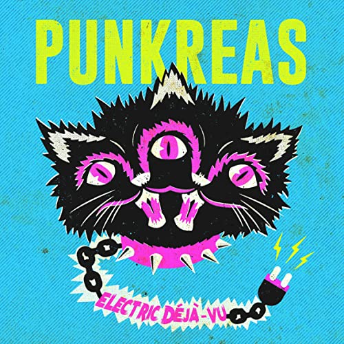 Album cover with a three-eyed black cat, spiked collar, and electric plug on blue.