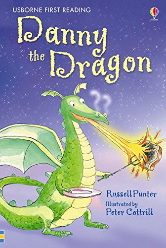 Green dragon breathing fire on a children’s book cover.
