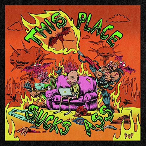 CD cover: chaotic cartoon scene with fire, monsters, and a person on a couch.