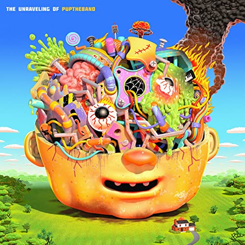 Album cover: surreal, colorful headscape with melting objects and a mushroom cloud.