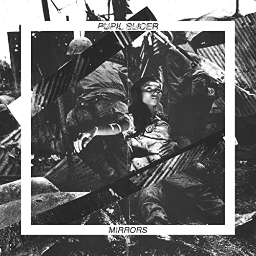 Black and white album cover with a person and fragmented imagery.