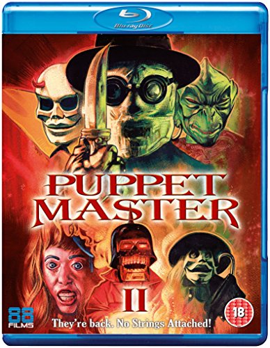 Puppet Master 2" Blu-ray cover with menacing puppets and a frightened woman.