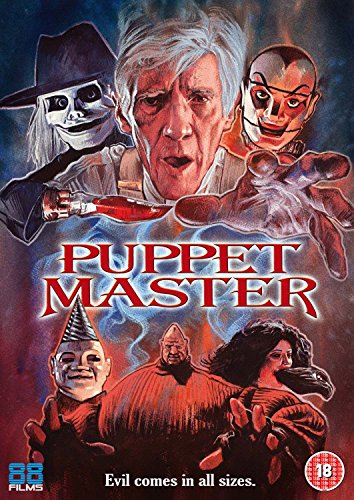 DVD cover for horror film "Puppet Master" featuring puppets and a man.