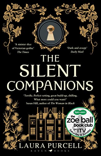 Book cover: "The Silent Companions" with a house illustration and keyhole.