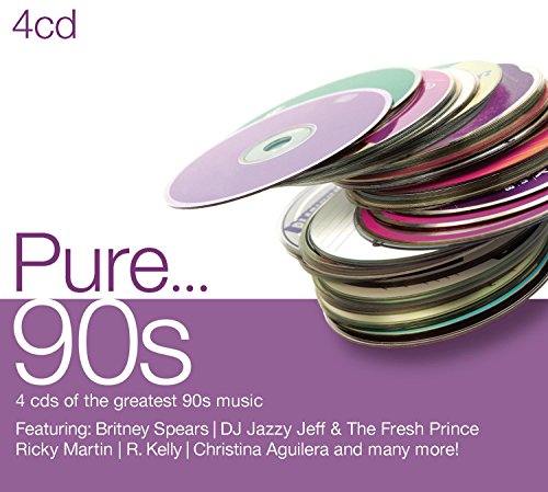 Stack of colorful CDs with "Pure... 90s" text on a purple background.