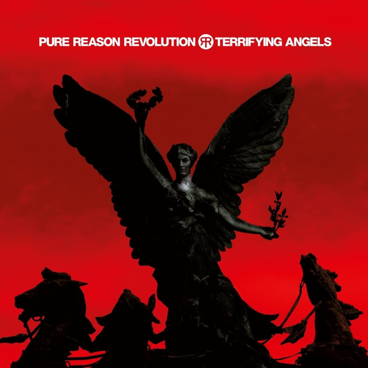 Red album cover featuring a dark statue of an angel with outstretched wings.