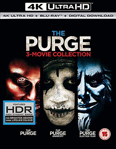 The Purge 3-Movie Collection 4K Ultra HD Blu-ray cover featuring three masked faces.