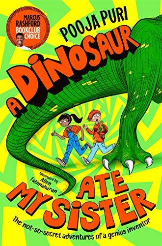 Book cover: children running from a green dinosaur, bright colors.