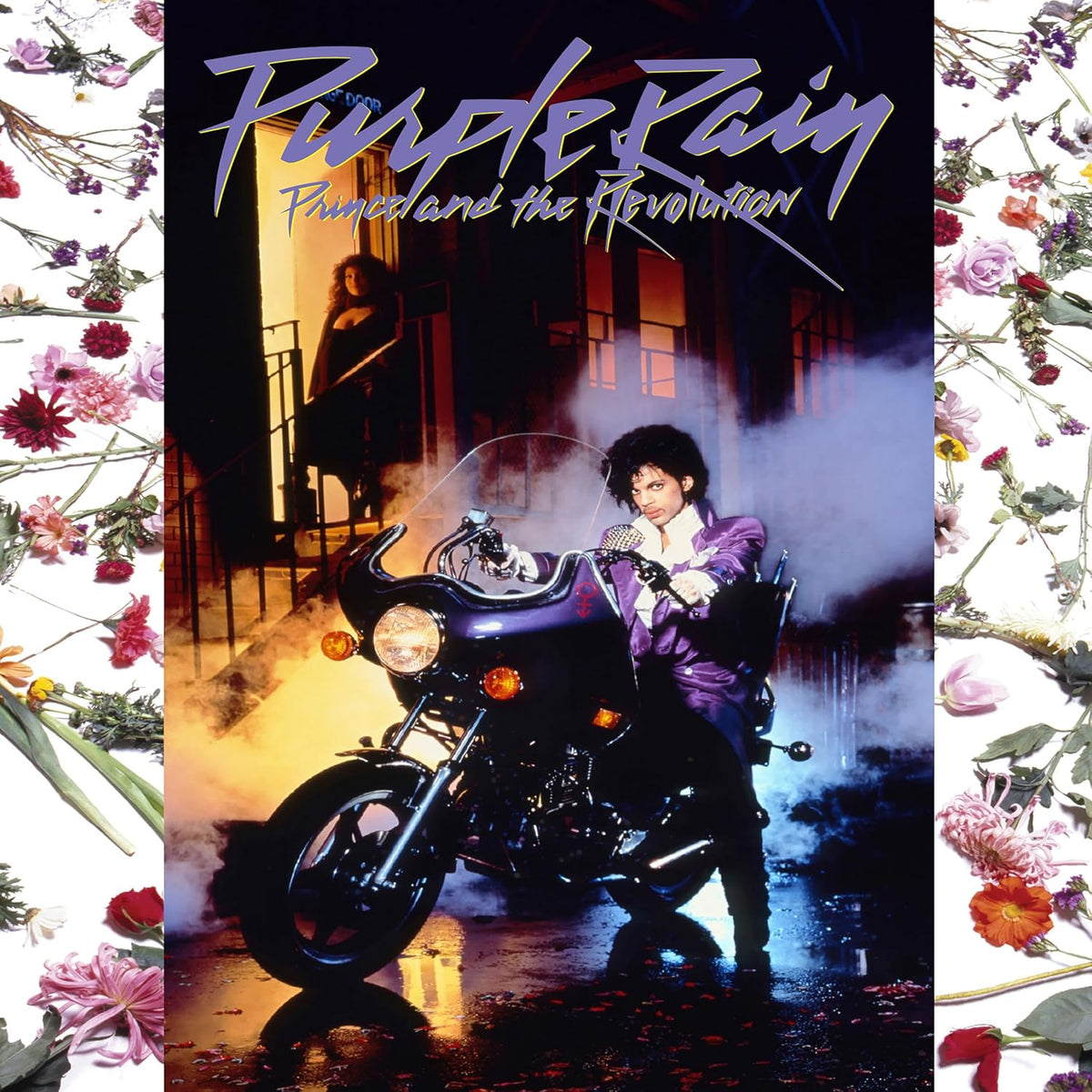Purple Rain Blu-ray cover featuring Prince on a motorcycle, floral border.