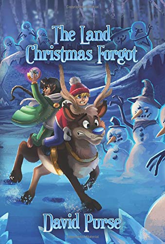 Book cover: children riding a reindeer with snowmen in a winter scene.