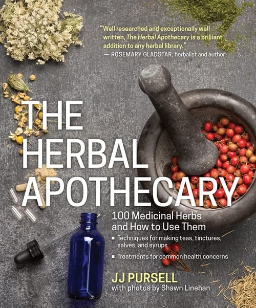 Book cover featuring herbs, a mortar and pestle, and blue glass bottles.