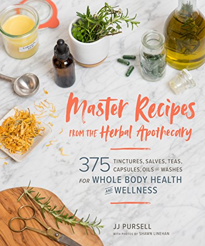 Book cover with herbs, jars, and the title "Master Recipes from the Herbal Apothecary.