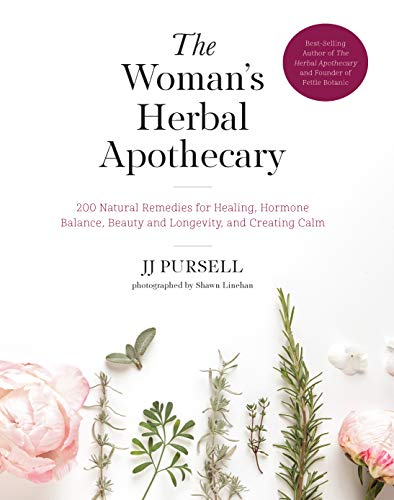 Book cover titled The Woman's Herbal Apothecary with floral accents on a white background.