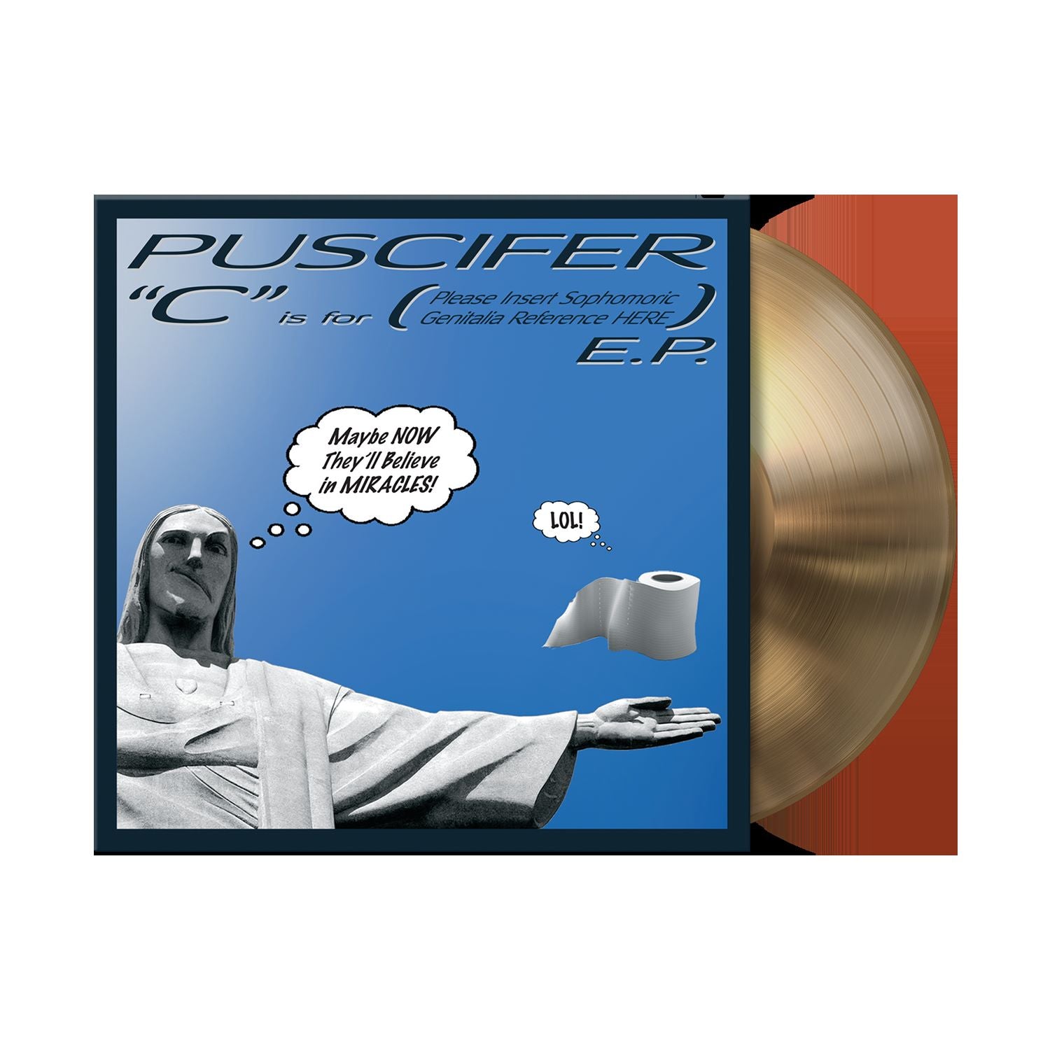 Puscifer vinyl record cover featuring Jesus, toilet paper, and text.
