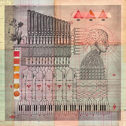 Intricate collage with organ pipes, a profile, and keyboard on grid paper.