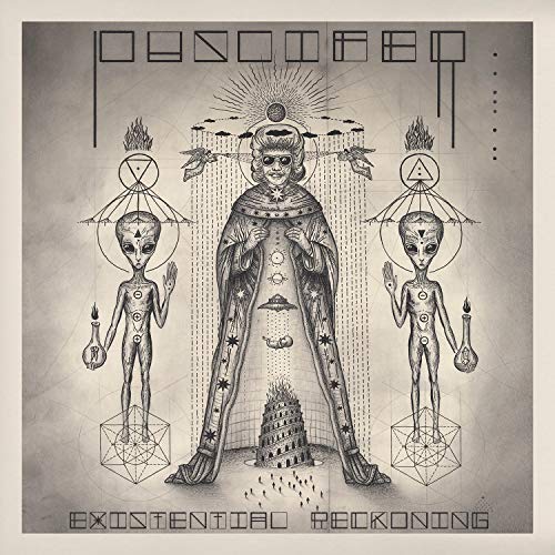 A black-and-white album cover featuring a central figure and two alien-like beings.
