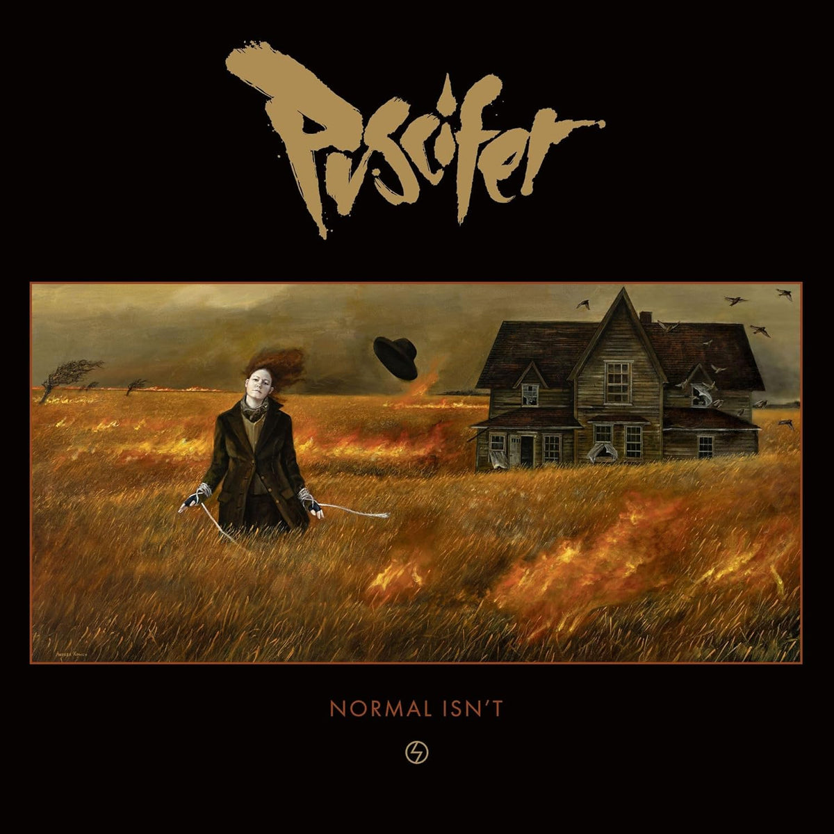 Puscifer album cover: figure, house, and birds in a surreal, golden landscape.