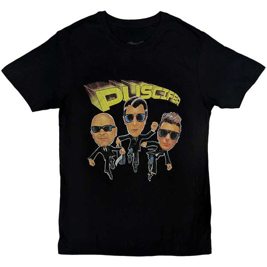Black unisex T-shirt featuring a graphic print of Puscifer band characters.