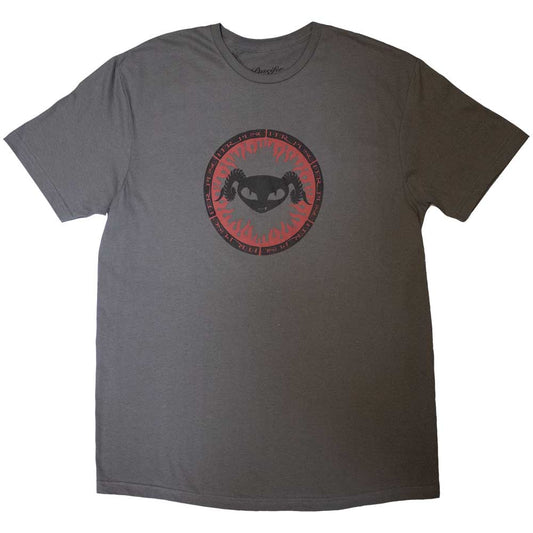 Black Puscifer t-shirt with a medium-sized, fiery flame logo on the chest.