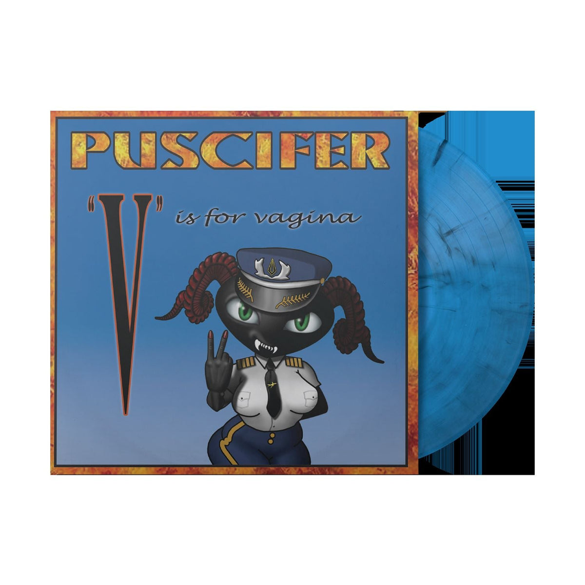 Puscifer album cover featuring a horned, uniformed figure and vinyl record.