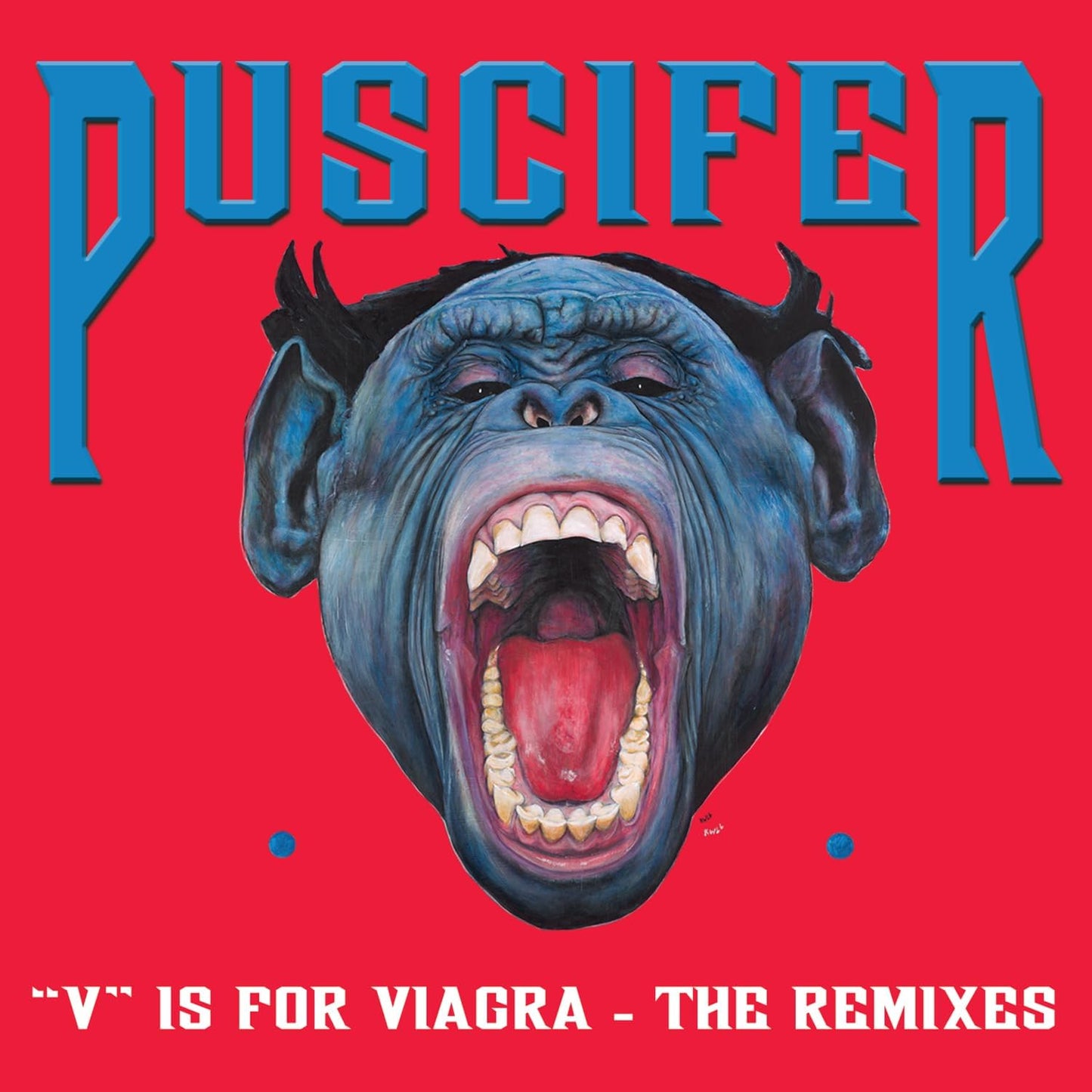 Puscifer album cover: blue monkey face screaming on red background.