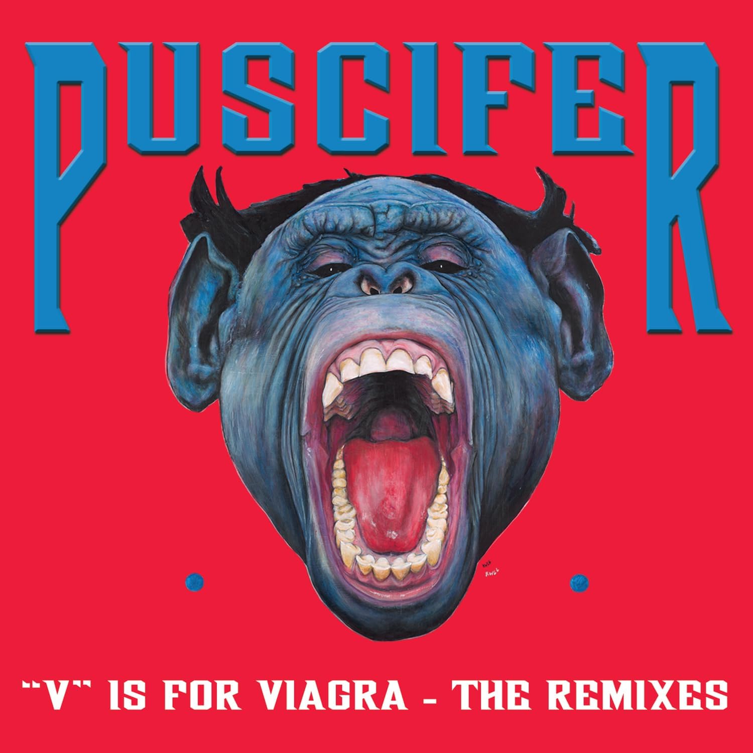 Puscifer album cover: blue monkey face screaming on red background.