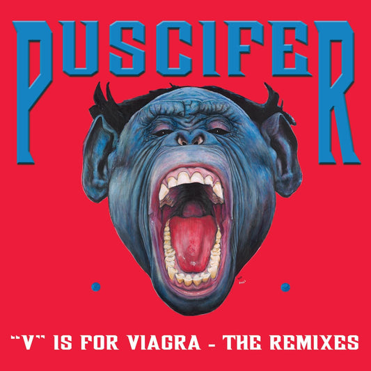 Puscifer album cover: blue monkey face screaming on red background.