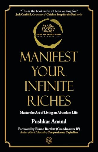 Black book cover with gold text: "Manifest Your Infinite Riches" by Pushkar Anand.