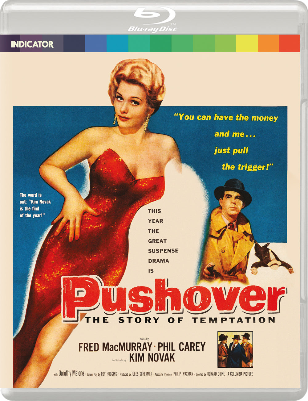 Blu-ray cover for film noir "Pushover" featuring Kim Novak in red.