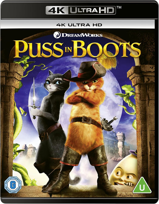Puss in Boots Blu-ray cover featuring two cats and a giant’s face.