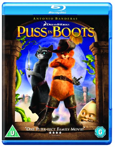 Blu-ray cover for "Puss In Boots" featuring two cats and Humpty Dumpty.