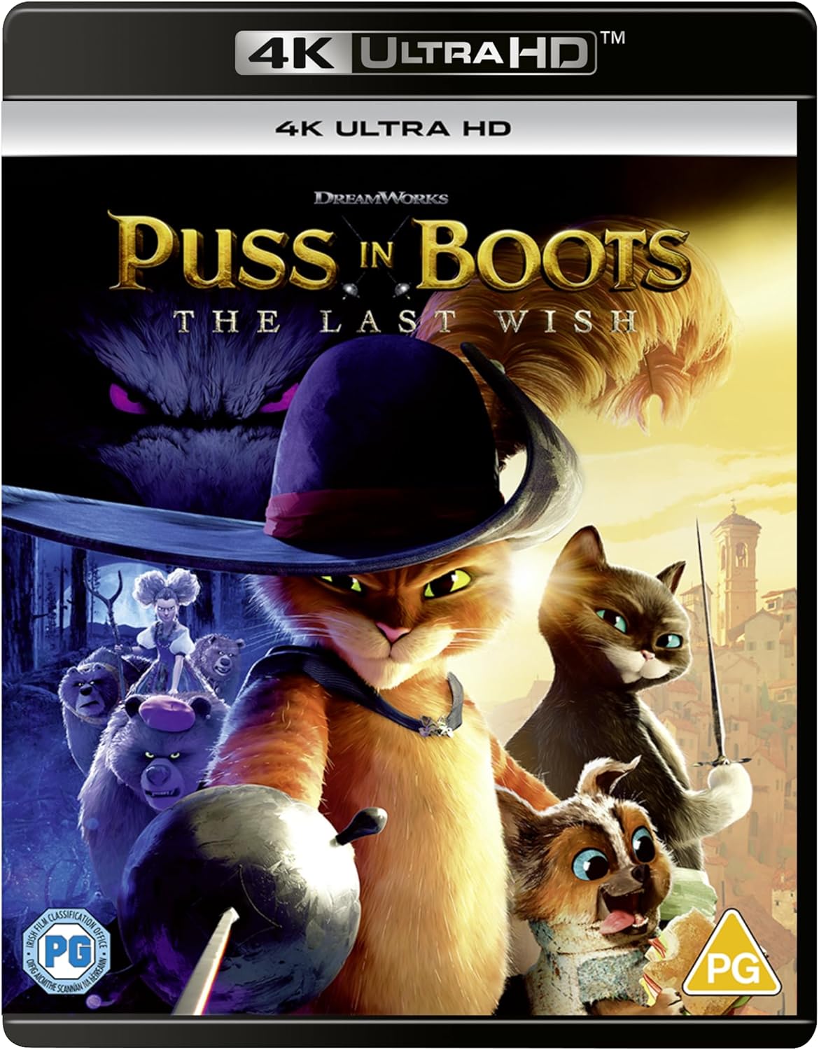 Puss in Boots: The Last Wish" 4K UHD Blu-ray cover with characters.