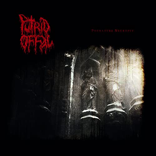 Dark album cover with gothic statues and dripping, red lettering.