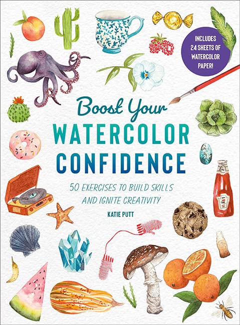 Watercolour book cover with painted fruits, plants, and sea creatures.