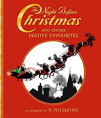 Book cover: “The Night Before Christmas” with Santa’s sleigh illustration.