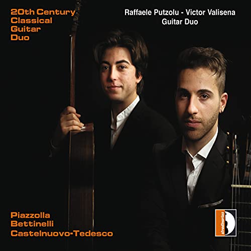 CD cover with two men holding guitars, formal attire, against a dark background.