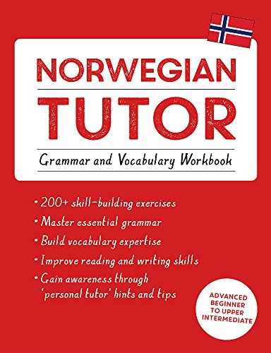 Norwegian Tutor grammar and vocabulary workbook cover with a Norwegian flag on red background.