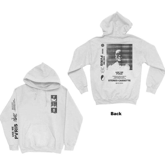 Dark pullover hoodie with “PVRIS” and graphic prints on back and sleeves.