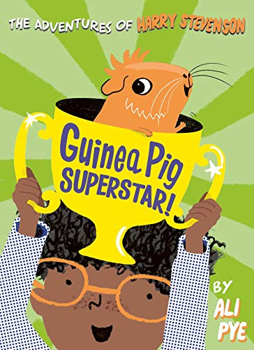 Cartoon guinea pig with a trophy, viewed from below by a child.