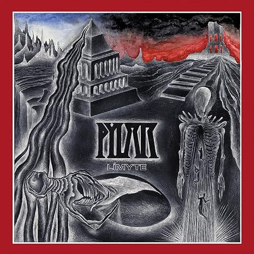 CD cover art: dark, surreal landscape with skeletal figures and towers.
