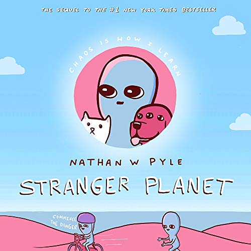 Book cover with cartoon aliens, a cat, and pink landscape.