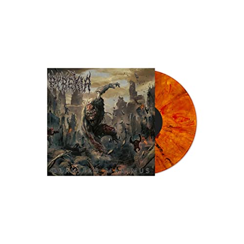 Pyrexia album cover with dark fantasy art and a marbled orange vinyl record.