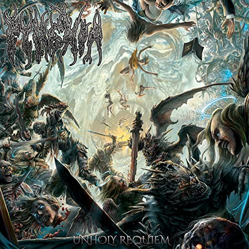 Dark fantasy album cover with chaotic figures, swords, and demonic imagery.