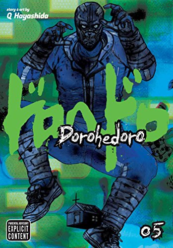 A masked figure in a blue jumpsuit stands against a green and blue background.