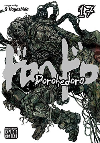 Dark green monster with tentacles on a white background, manga book cover.