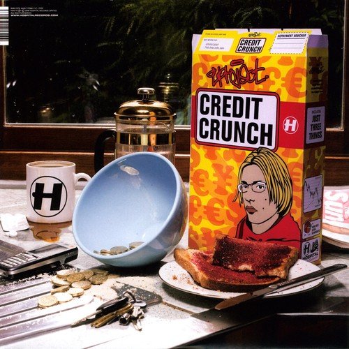 A messy kitchen counter with a cereal box titled "Credit Crunch" and scattered coins.